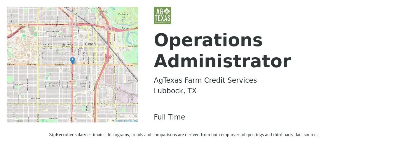 AgTexas Farm Credit Services job posting for a Operations Administrator in Lubbock, TX with a salary of $17 to $28 Hourly with a map of Lubbock location.