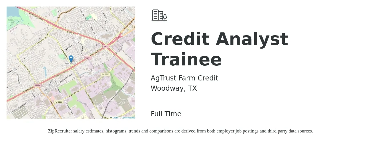AgTrust Farm Credit job posting for a Credit Analyst Trainee in Woodway, TX with a salary of $22 to $31 Hourly with a map of Woodway location.