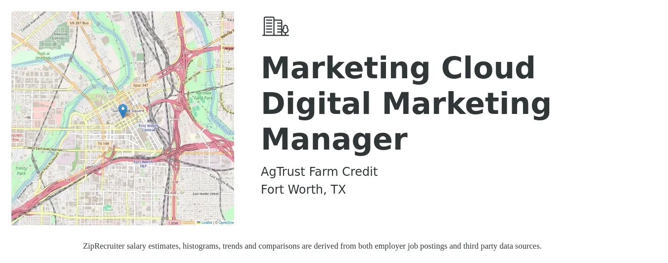 AgTrust Farm Credit job posting for a Marketing Cloud Digital Marketing Manager in Fort Worth, TX with a salary of $65,600 to $95,700 Yearly with a map of Fort Worth location.
