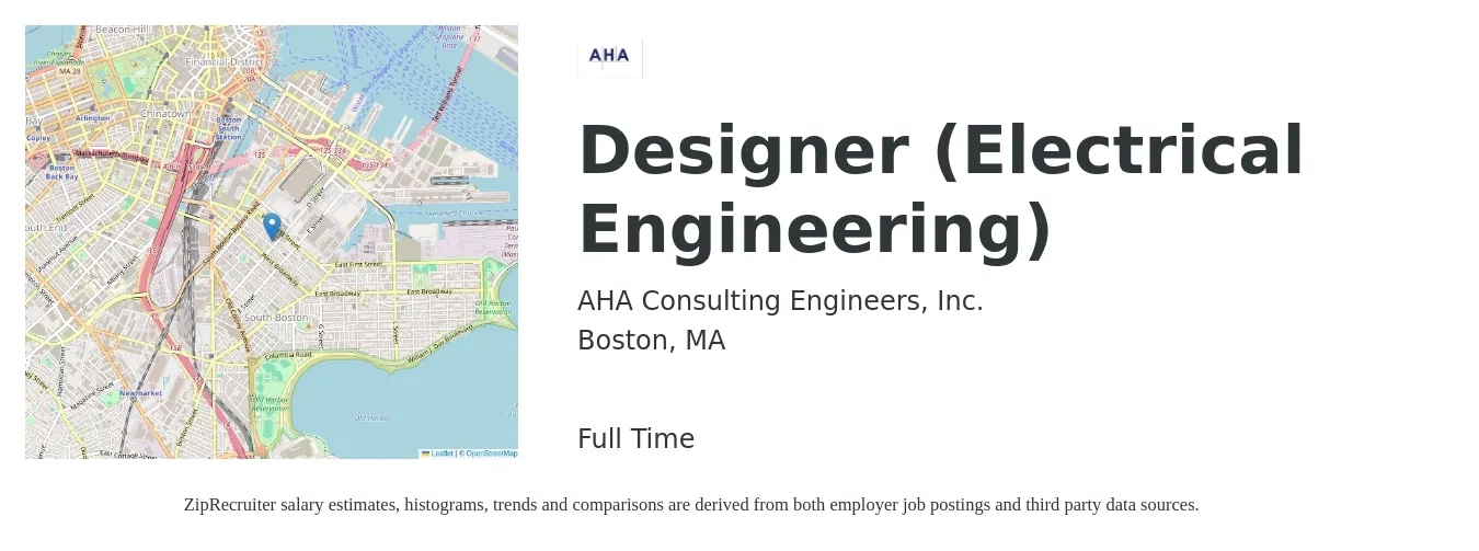 AHA Consulting Engineers, Inc. job posting for a Designer (Electrical Engineering) in Boston, MA with a salary of $89,600 to $125,500 Yearly with a map of Boston location.