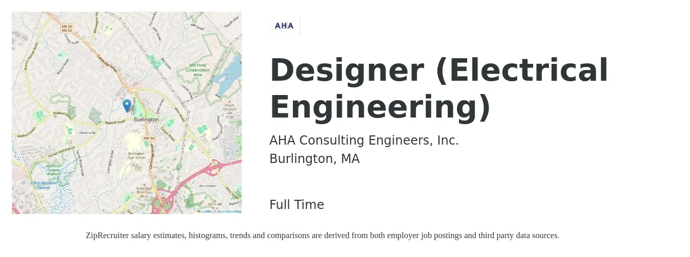 AHA Consulting Engineers, Inc. job posting for a Designer (Electrical Engineering) in Burlington, MA with a salary of $89,800 to $125,700 Yearly with a map of Burlington location.