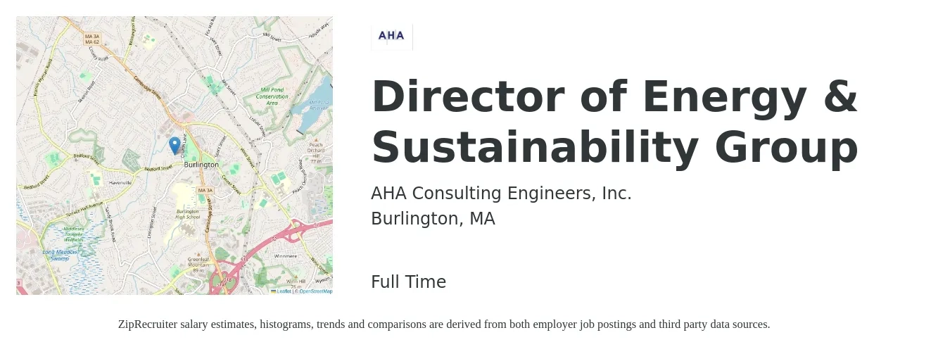 AHA Consulting Engineers, Inc. job posting for a Director of Energy & Sustainability Group in Burlington, MA with a salary of $305,800 to $435,300 Yearly with a map of Burlington location.