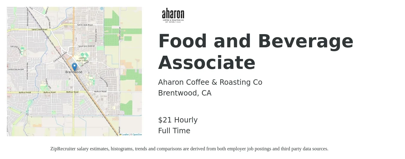 Aharon Coffee & Roasting Co job posting for a Food and Beverage Associate in Brentwood, CA with a salary of $16 to $22 Hourly with a map of Brentwood location.