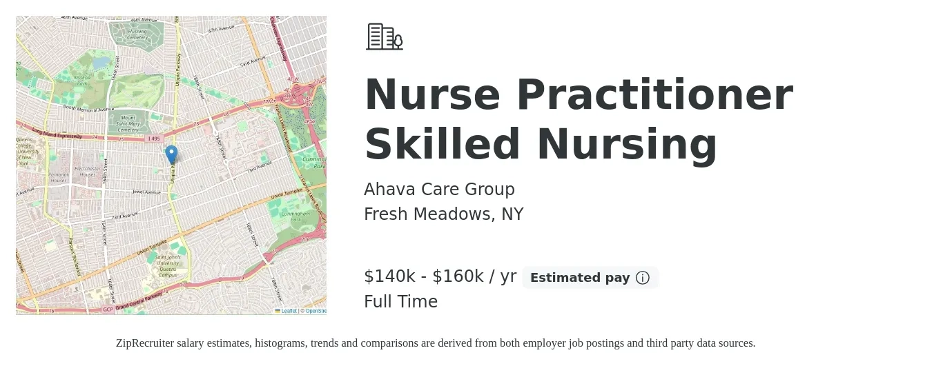 Ahava Care Group job posting for a Nurse Practitioner Skilled Nursing in Fresh Meadows, NY with a salary of $140,000 to $160,000 Yearly with a map of Fresh Meadows location.