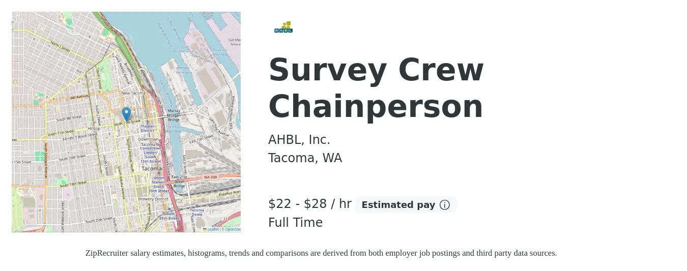AHBL, Inc. job posting for a Survey Crew Chainperson in Tacoma, WA with a salary of $23 to $30 Hourly with a map of Tacoma location.