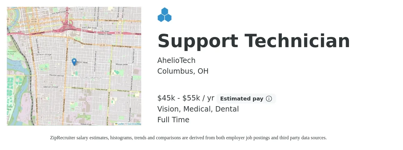 AhelioTech job posting for a Support Technician in Columbus, OH with a salary of $45,000 to $55,000 Yearly and benefits including life_insurance, medical, retirement, vision, and dental with a map of Columbus location.