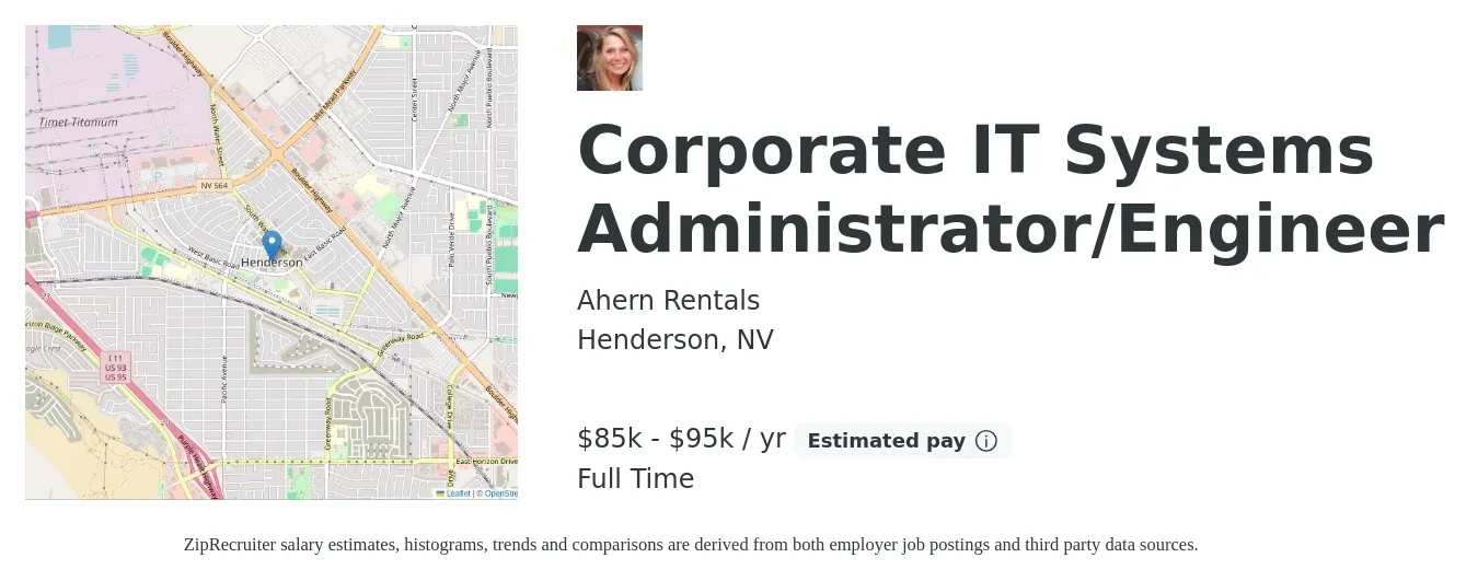 Ahern Rentals job posting for a Corporate IT Systems Administrator/Engineer in Henderson, NV with a salary of $85,000 to $95,000 Yearly and benefits including dental, life_insurance, medical, retirement, and vision with a map of Henderson location.