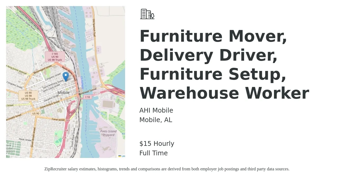 AHI Mobile job posting for a Furniture Mover, Delivery Driver, Furniture Setup, Warehouse Worker in Mobile, AL with a salary of $16 Hourly with a map of Mobile location.