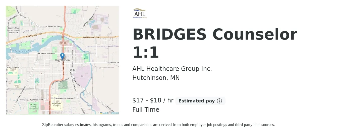 AHL Healthcare Group Inc. job posting for a BRIDGES Counselor 1:1 in Hutchinson, MN with a salary of $18 to $19 Hourly with a map of Hutchinson location.