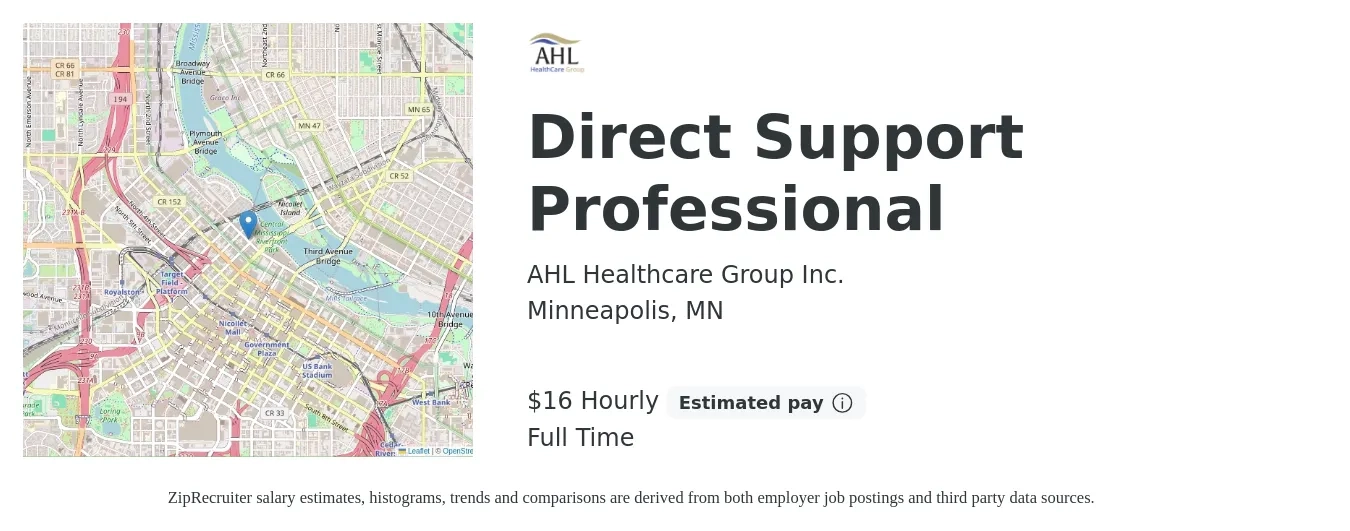 AHL Healthcare Group Inc. job posting for a Direct Support Professional in Minneapolis, MN with a salary of $17 Hourly with a map of Minneapolis location.