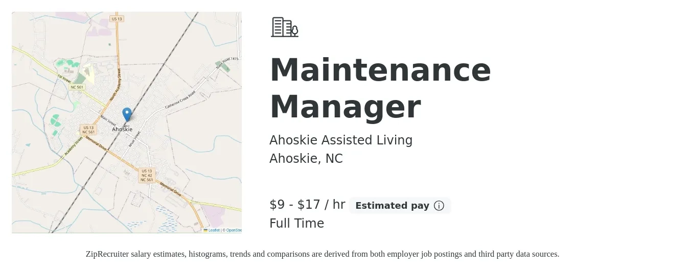 Ahoskie Assisted Living job posting for a Maintenance Manager in Ahoskie, NC with a salary of $10 to $18 Hourly with a map of Ahoskie location.