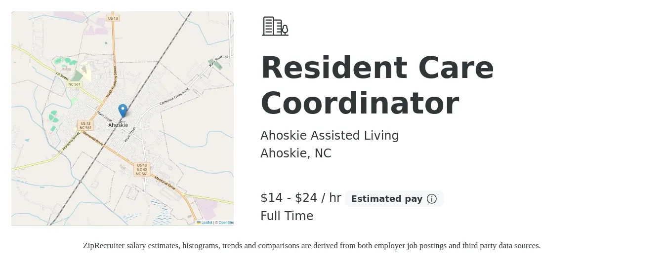 Ahoskie Assisted Living job posting for a Resident Care Coordinator in Ahoskie, NC with a salary of $15 to $25 Hourly with a map of Ahoskie location.