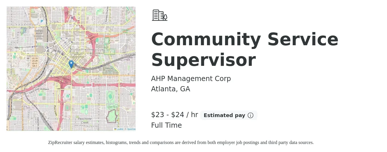 AHP Management Corp job posting for a Community Service Supervisor in Atlanta, GA with a salary of $45,300 to $82,800 Yearly with a map of Atlanta location.