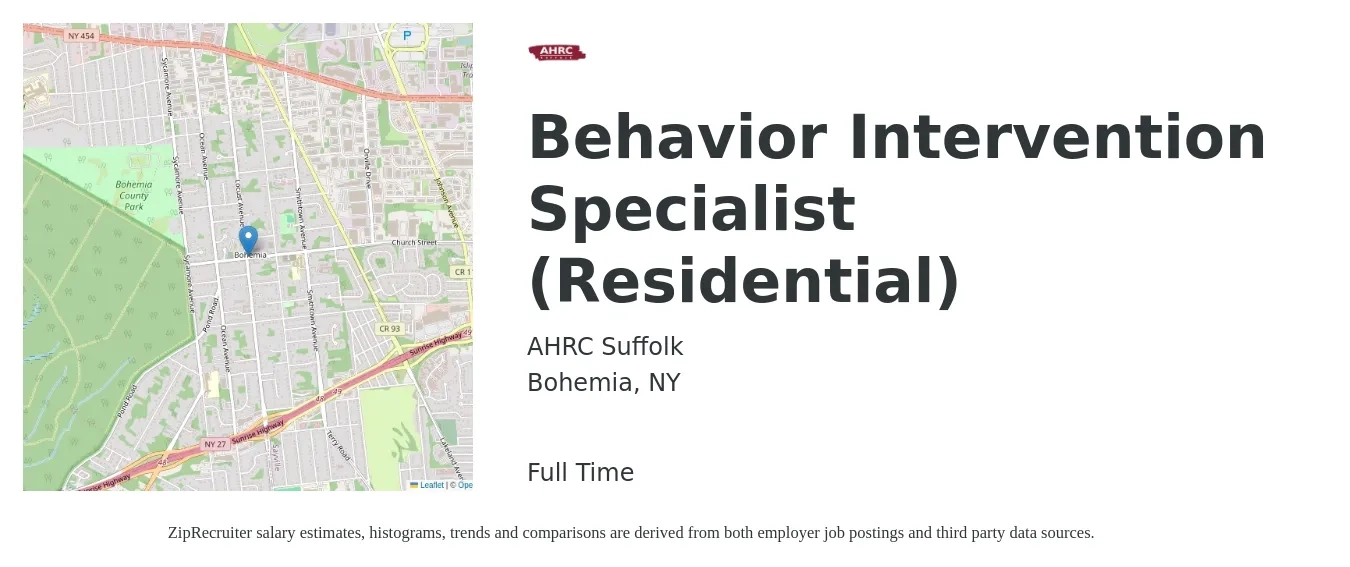 AHRC Suffolk job posting for a Behavior Intervention Specialist (Residential) in Bohemia, NY with a salary of $62,800 to $68,300 Yearly with a map of Bohemia location.