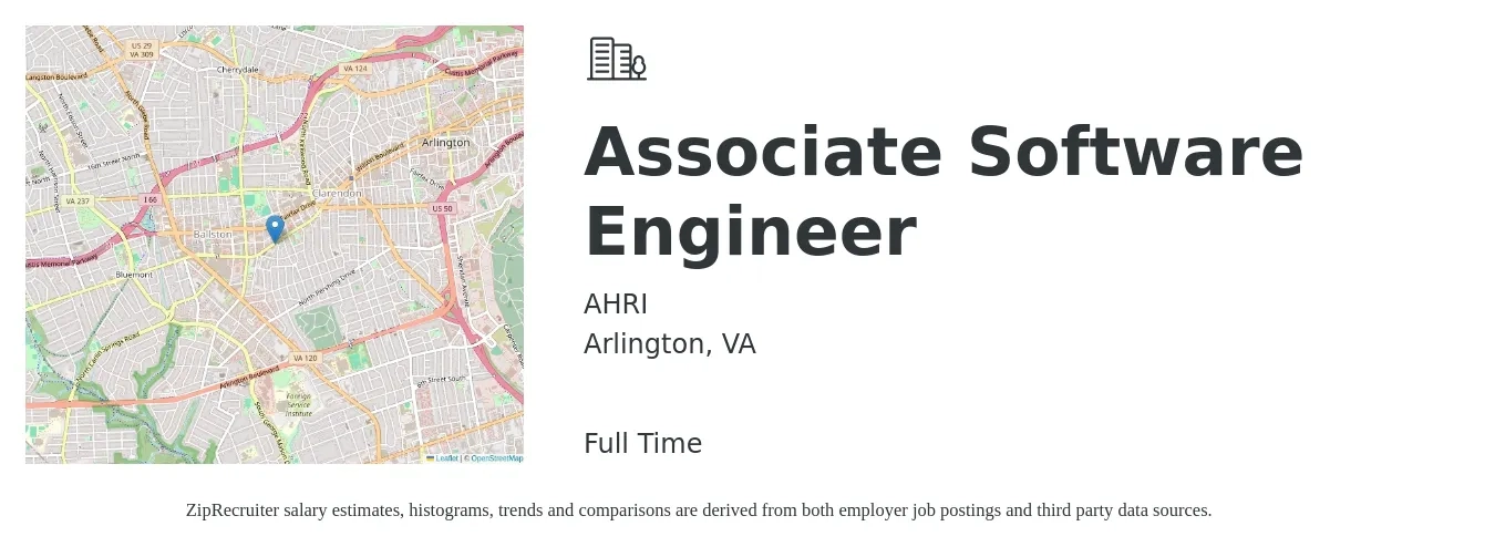 AHRI job posting for a Associate Software Engineer in Arlington, VA with a salary of $75,000 to $93,000 Yearly with a map of Arlington location.