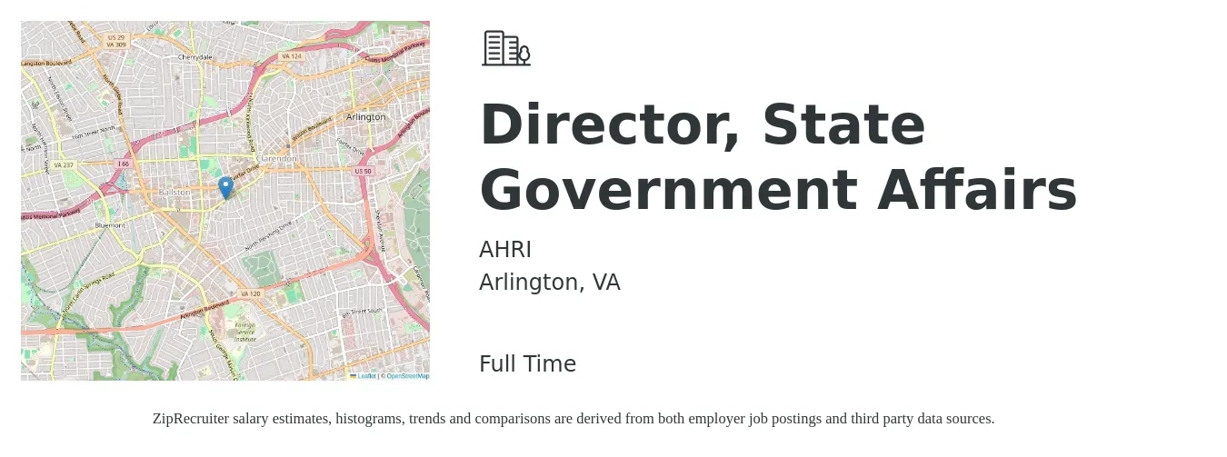 AHRI job posting for a Director, State Government Affairs in Arlington, VA with a salary of $140,000 to $165,000 Yearly with a map of Arlington location.