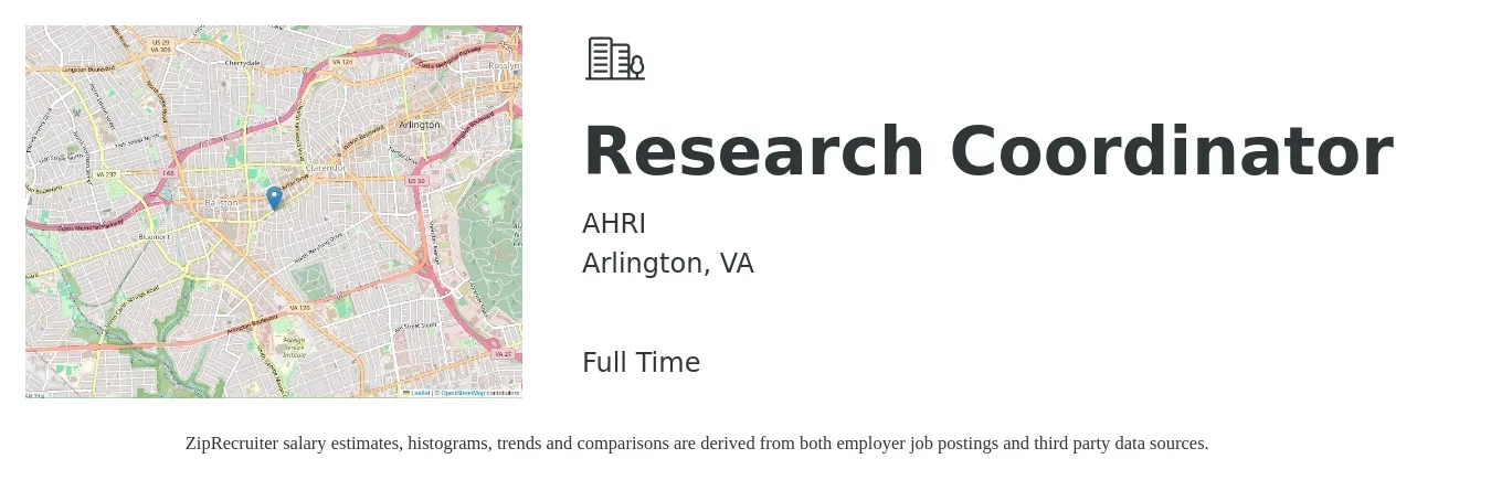AHRI job posting for a Research Coordinator in Arlington, VA with a salary of $60,000 to $70,000 Yearly with a map of Arlington location.