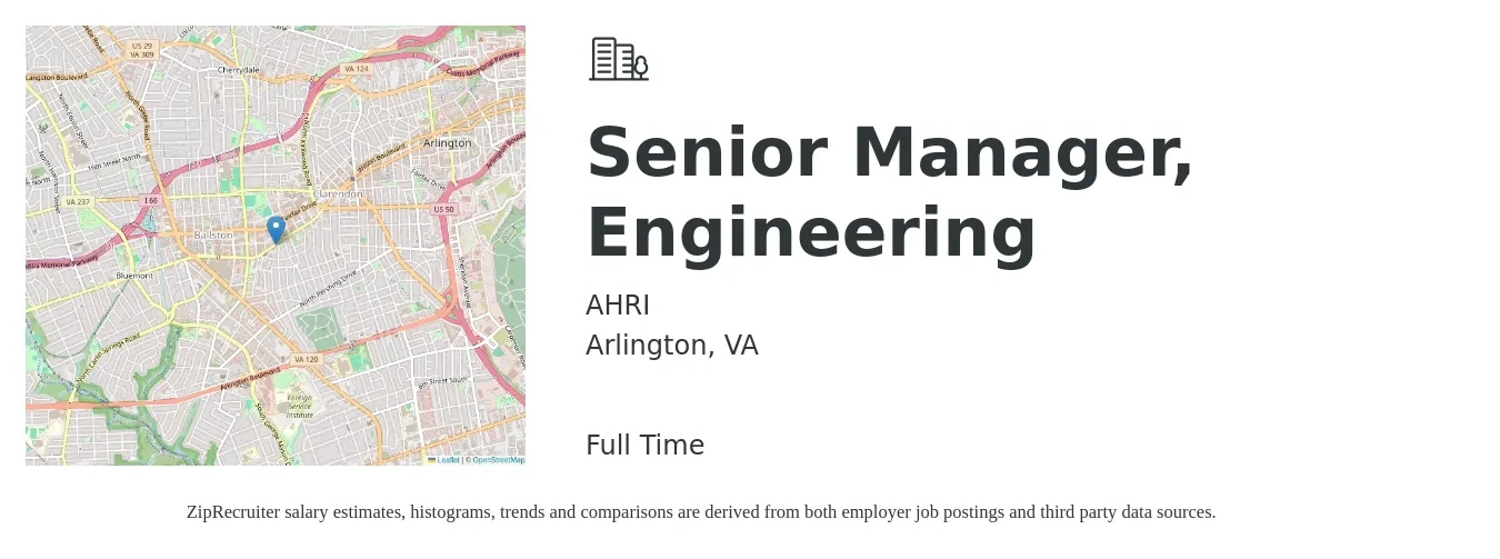 AHRI job posting for a Senior Manager, Engineering in Arlington, VA with a salary of $110,000 to $130,000 Yearly with a map of Arlington location.