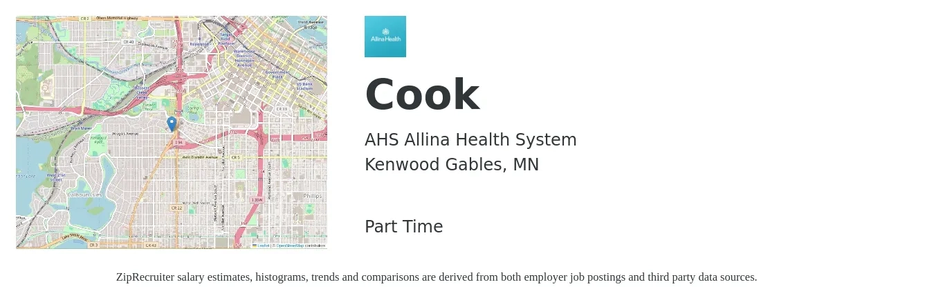 AHS Allina Health System job posting for a Cook in Kenwood Gables, MN with a salary of $14 to $20 Hourly with a map of Kenwood Gables location.