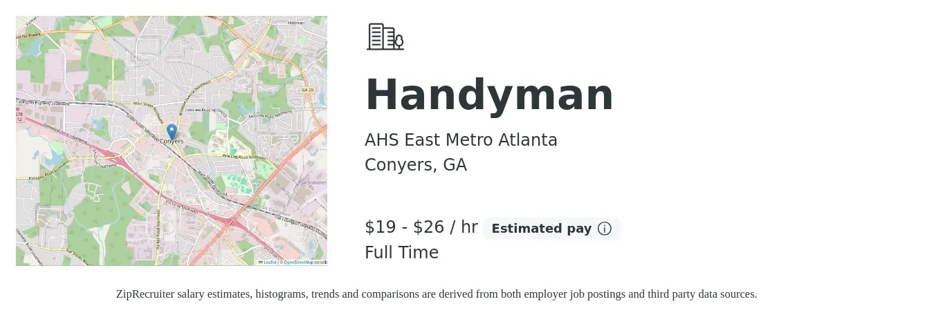 AHS East Metro Atlanta job posting for a Handyman in Conyers, GA with a salary of $20 to $28 Hourly with a map of Conyers location.