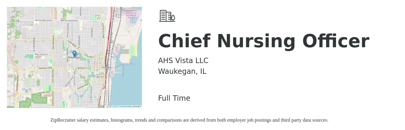 AHS Vista LLC job posting for a Chief Nursing Officer in Waukegan, IL with a salary of $119,700 to $164,400 Yearly with a map of Waukegan location.