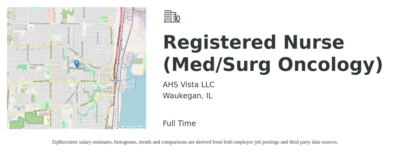AHS Vista LLC job posting for a Registered Nurse (Med/Surg Oncology) in Waukegan, IL with a salary of $1,830 to $2,580 Weekly with a map of Waukegan location.