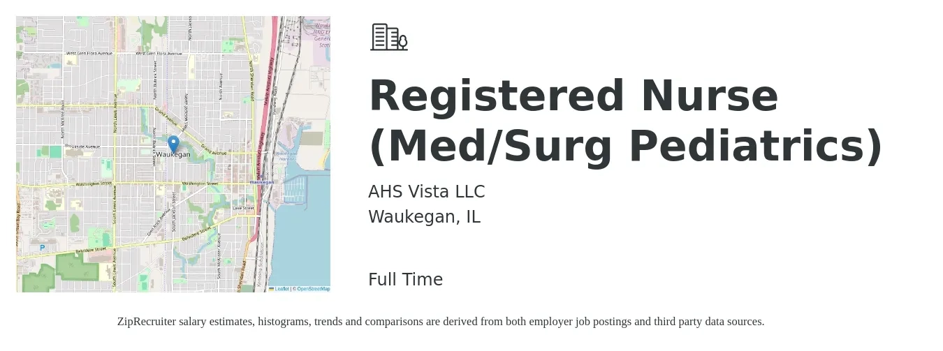 AHS Vista LLC job posting for a Registered Nurse (Med/Surg Pediatrics) in Waukegan, IL with a salary of $1,830 to $2,580 Weekly with a map of Waukegan location.