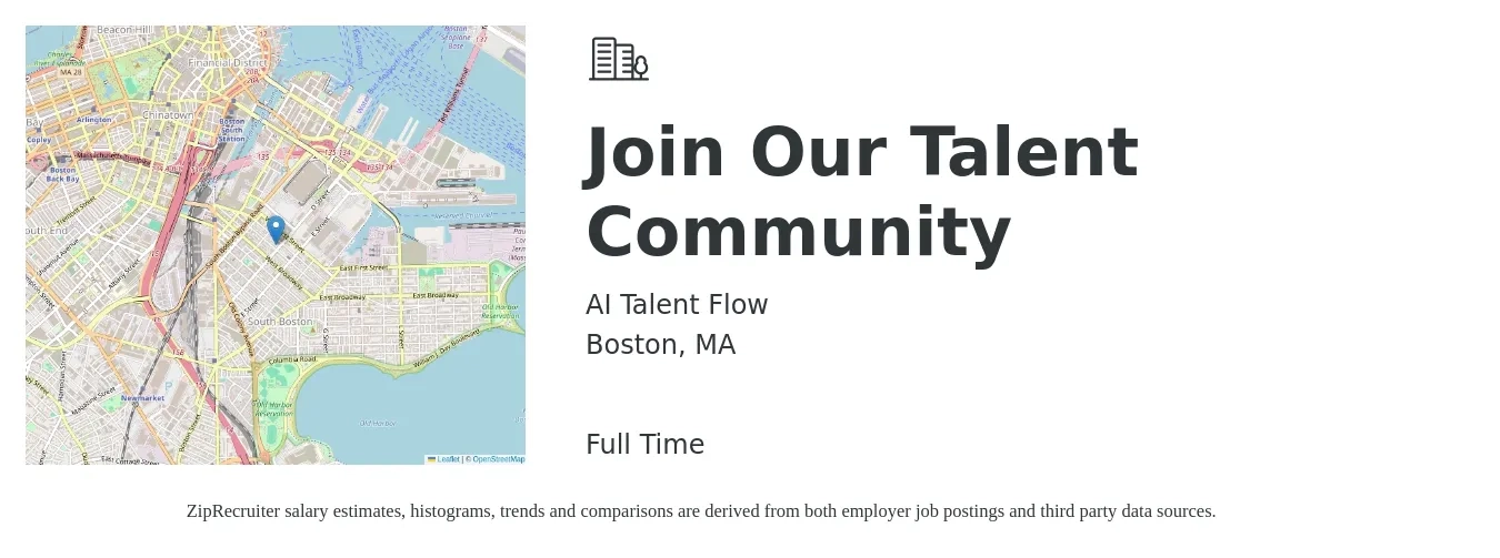 AI Talent Flow job posting for a Join Our Talent Community in Boston, MA with a salary of $48,700 to $111,000 Yearly with a map of Boston location.