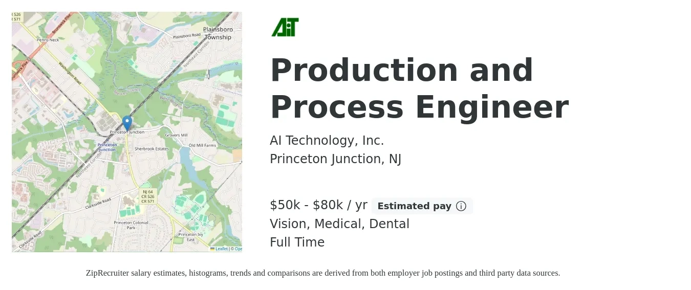 AI Technology, Inc. job posting for a Production and Process Engineer in Princeton Junction, NJ with a salary of $50,000 to $80,000 Yearly and benefits including dental, life_insurance, medical, pto, retirement, and vision with a map of Princeton Junction location.
