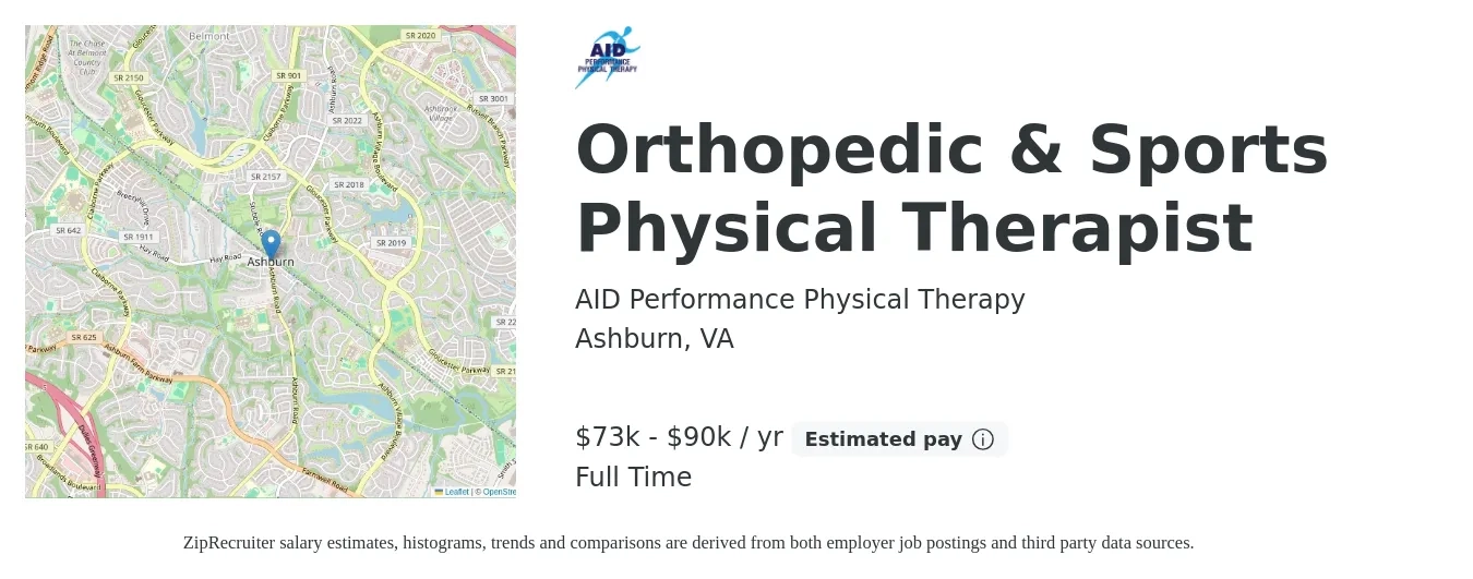 AID Performance Physical Therapy job posting for a Orthopedic & Sports Physical Therapist in Ashburn, VA with a salary of $73,000 to $90,000 Yearly with a map of Ashburn location.