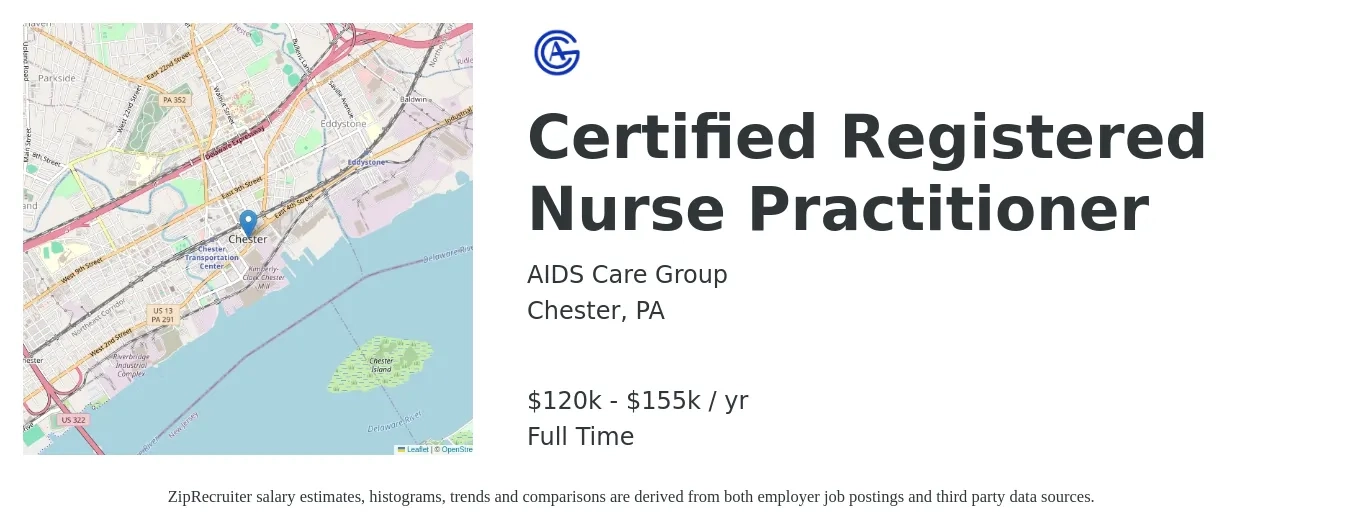 AIDS Care Group job posting for a Certified Registered Nurse Practitioner in Chester, PA with a salary of $120,000 to $155,000 Yearly with a map of Chester location.