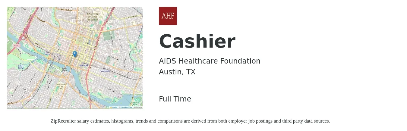 AIDS Healthcare Foundation job posting for a Cashier in Austin, TX with a salary of $12 to $16 Hourly with a map of Austin location.
