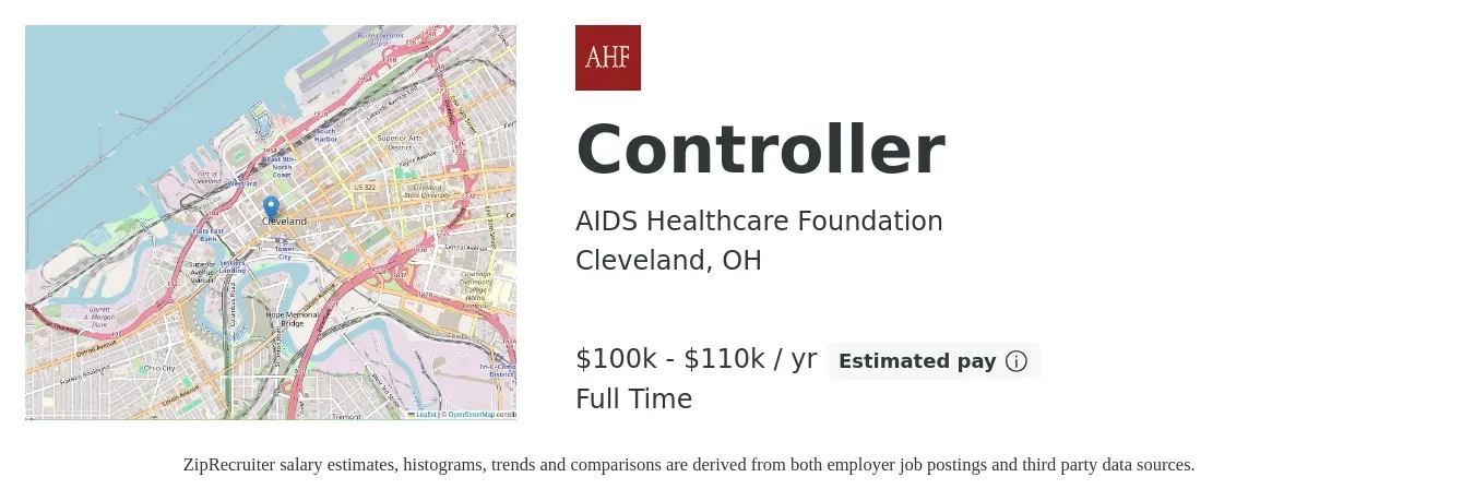 AIDS Healthcare Foundation job posting for a Controller in Cleveland, OH with a salary of $100,000 to $110,000 Yearly with a map of Cleveland location.