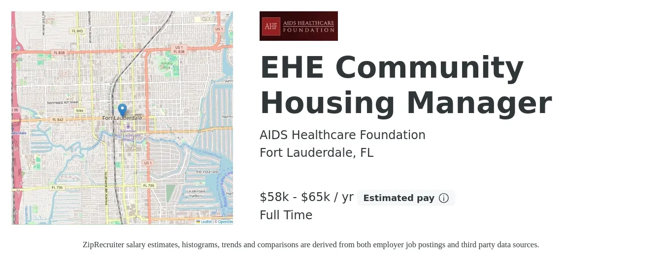 AIDS Healthcare Foundation job posting for a EHE Community Housing Manager in Fort Lauderdale, FL with a salary of $58,000 to $65,000 Yearly with a map of Fort Lauderdale location.