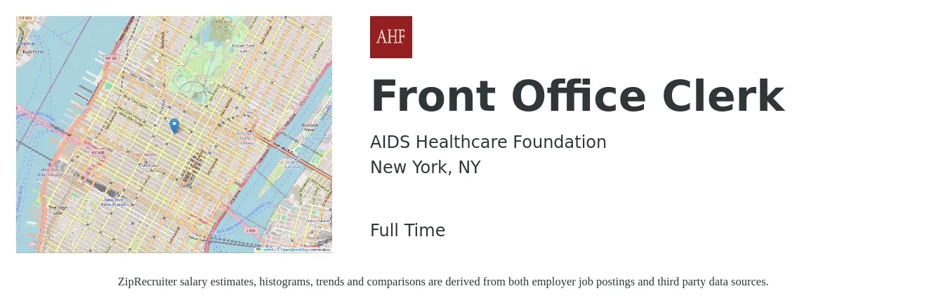AIDS Healthcare Foundation job posting for a Front Office Clerk in New York, NY with a salary of $20 to $21 Hourly with a map of New York location.