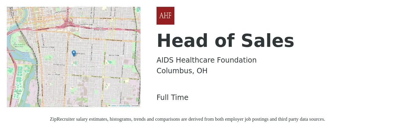 AIDS Healthcare Foundation job posting for a Head of Sales in Columbus, OH with a salary of $68,000 to $120,700 Yearly with a map of Columbus location.