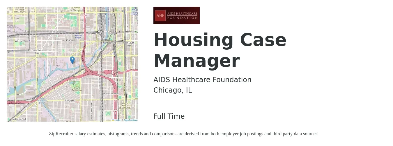 AIDS Healthcare Foundation job posting for a Housing Case Manager in Chicago, IL with a salary of $22 to $26 Hourly with a map of Chicago location.
