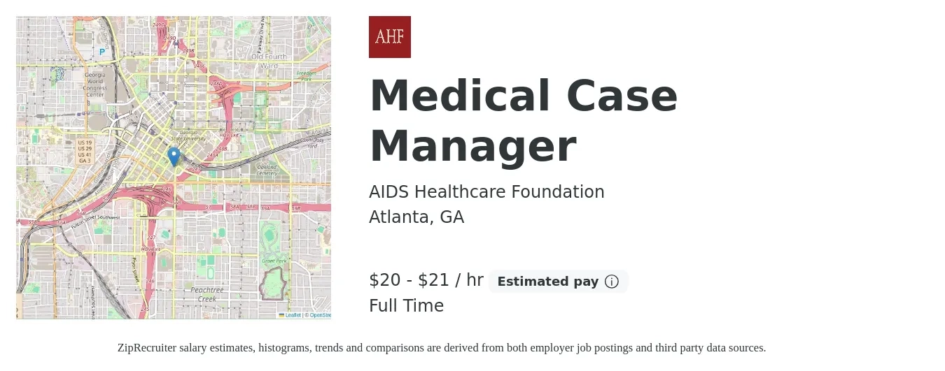AIDS Healthcare Foundation job posting for a Medical Case Manager in Atlanta, GA with a salary of $21 to $22 Hourly with a map of Atlanta location.