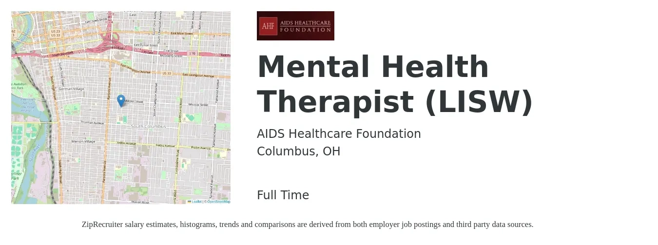 AIDS Healthcare Foundation job posting for a Mental Health Therapist (LISW) in Columbus, OH with a salary of $57,900 to $82,000 Yearly with a map of Columbus location.