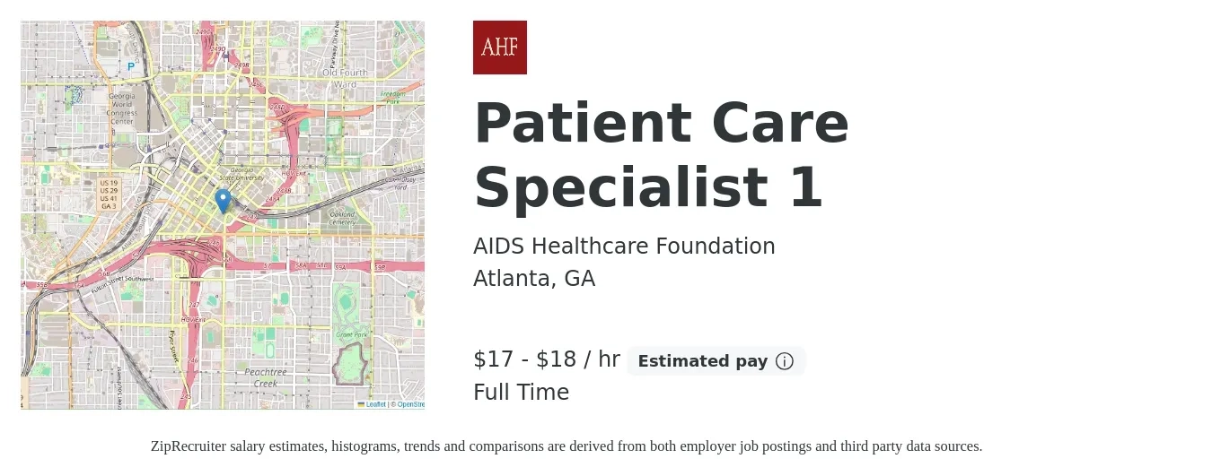 AIDS Healthcare Foundation job posting for a Patient Care Specialist 1 in Atlanta, GA with a salary of $18 to $19 Hourly with a map of Atlanta location.