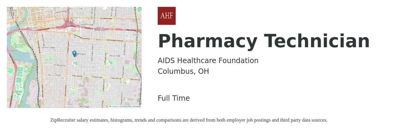 AIDS Healthcare Foundation job posting for a Pharmacy Technician in Columbus, OH with a salary of $17 to $20 Hourly with a map of Columbus location.