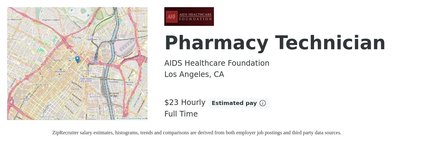 AIDS Healthcare Foundation job posting for a Pharmacy Technician in Los Angeles, CA with a salary of $24 Hourly with a map of Los Angeles location.