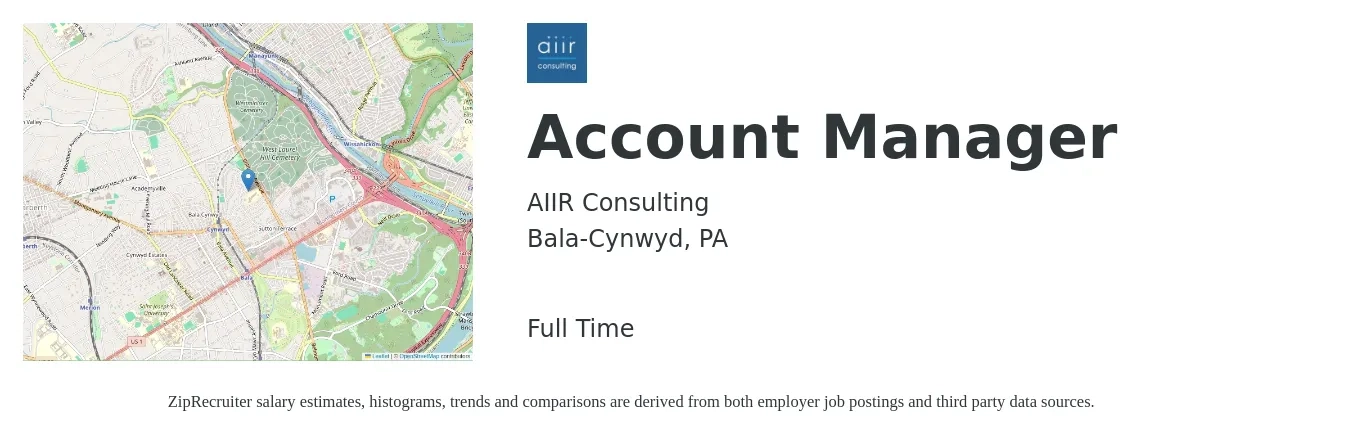 AIIR Consulting job posting for a Account Manager in Bala-Cynwyd, PA with a salary of $45,200 to $73,900 Yearly with a map of Bala-Cynwyd location.