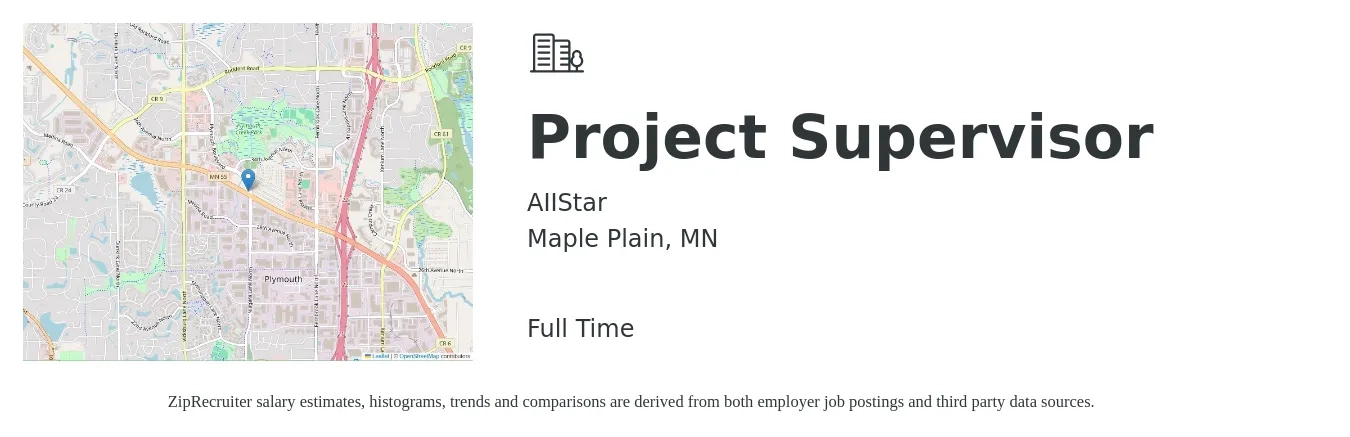 AIIStar job posting for a Project Supervisor in Maple Plain, MN with a salary of $81,400 to $127,500 Yearly with a map of Maple Plain location.