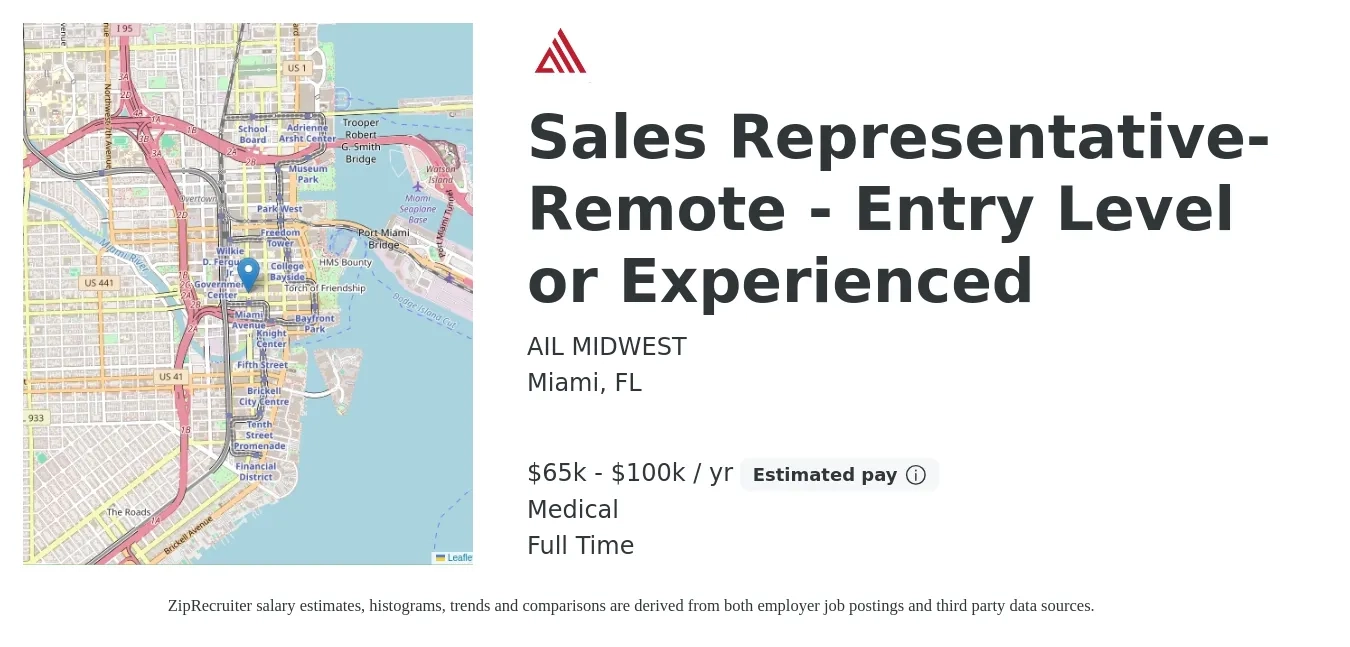 AIL MIDWEST job posting for a Sales Representative- Remote - Entry Level or Experienced in Miami, FL with a salary of $65,000 to $100,000 Yearly and benefits including life_insurance, and medical with a map of Miami location.