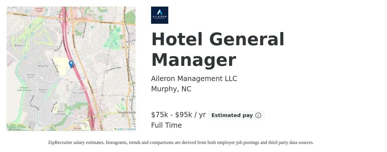 Aileron Management LLC job posting for a Hotel General Manager in Murphy, NC with a salary of $75,000 to $95,000 Yearly with a map of Murphy location.