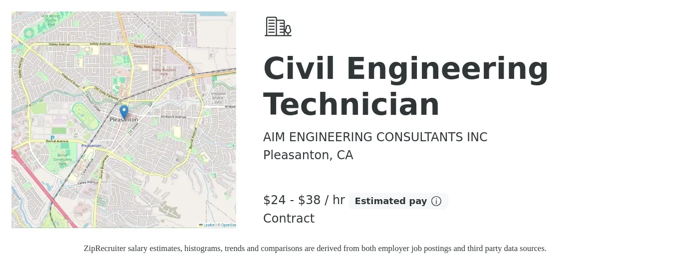 AIM ENGINEERING CONSULTANTS INC job posting for a Civil Engineering Technician in Pleasanton, CA with a salary of $25 to $40 Hourly with a map of Pleasanton location.