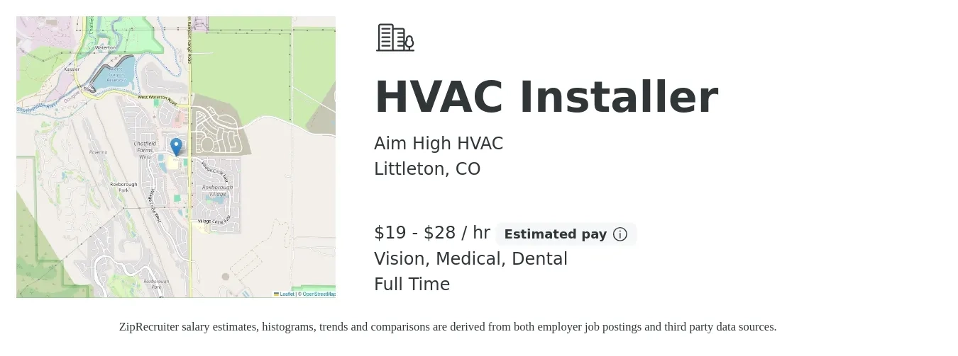 Aim High HVAC job posting for a HVAC Installer in Littleton, CO with a salary of $20 to $30 Hourly and benefits including dental, life_insurance, medical, retirement, and vision with a map of Littleton location.