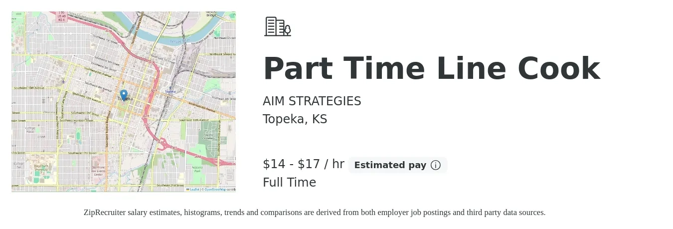 AIM STRATEGIES job posting for a Part Time Line Cook in Topeka, KS with a salary of $16 to $18 Hourly with a map of Topeka location.