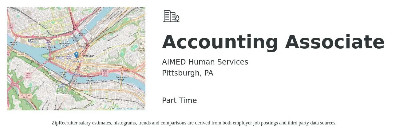 AIMED Human Services job posting for a Accounting Associate in Pittsburgh, PA with a salary of $20 Hourly with a map of Pittsburgh location.